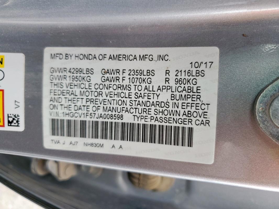 1HGCV1F57JA008598 - 2018 HONDA ACCORD EXL ვერცხლისფერი ფოტო 12