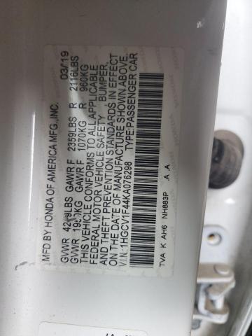 1HGCV1F44KA076298 - 2019 HONDA ACCORD EX WHITE photo 12