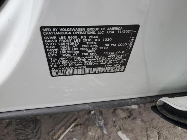 1V2JE2CA5NC205078 - 2022 VOLKSWAGEN ATLAS CROS SE WHITE photo 12