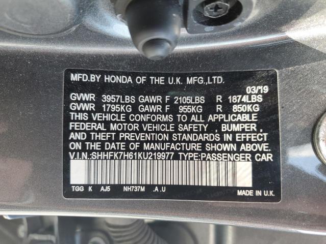 SHHFK7H61KU219977 - 2019 HONDA CIVIC EX Gri fotoğraf 12