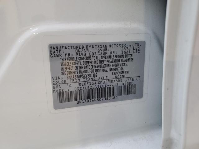 3N1AB7AP5KY380189 - 2019 NISSAN SENTRA S WHITE photo 12