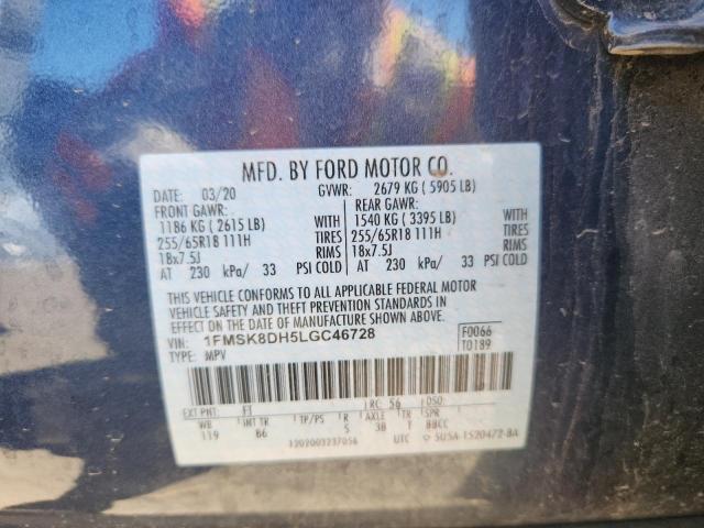 1FMSK8DH5LGC46728 - 2020 FORD EXPLORER XLT 青色 照片 13