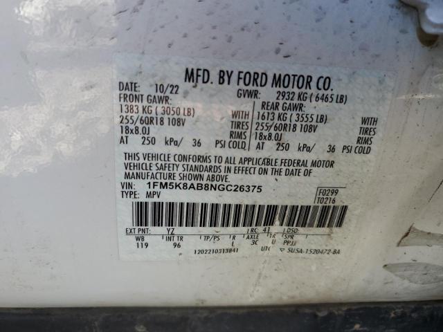 1FM5K8AB8NGC26375 - 2022 FORD EXPLORER POLICE INTERCEPTOR 白色 照片 12