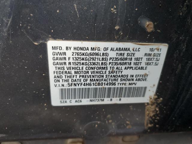 5FNYF4H61CB014996 - 2012 HONDA PILOT EXL GRAY photo 12