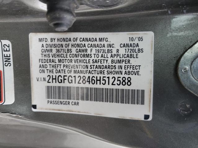 2HGFG12846H512588 - 2006 HONDA CIVIC EX SILVER photo 12