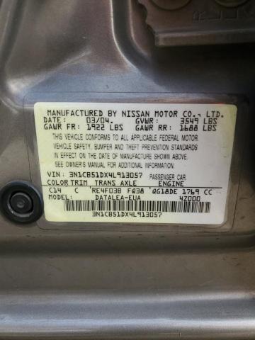 3N1CB51DX4L913057 - 2004 NISSAN SENTRA 1.8 SILVER photo 13