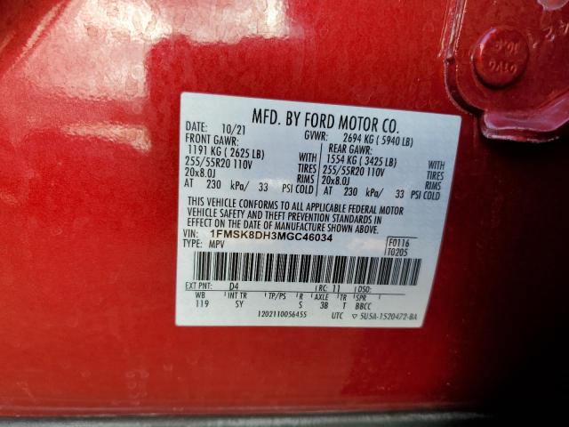 1FMSK8DH3MGC46034 - 2021 FORD EXPLORER XLT Qırmızı foto 14