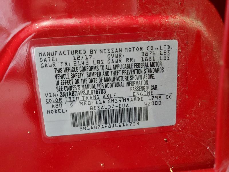 3N1AB7AP8JL616703 - 2018 NISSAN SENTRA S Қызыл фото 12