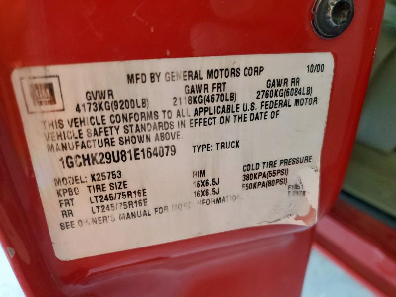 1GCHK29U81E164079 - 2001 CHEVROLET SILVERADO K2500 HEAVY DUTY RED photo 12