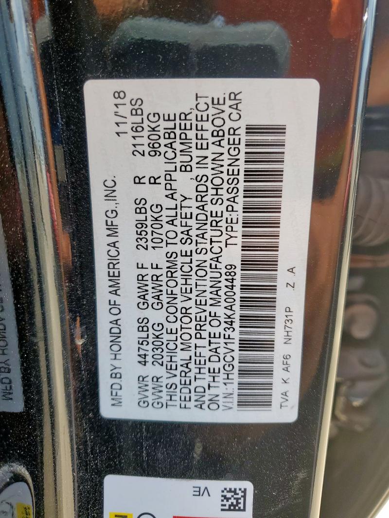 1HGCV1F34KA004489 - 2019 HONDA ACCORD SPORT Қара фото 12