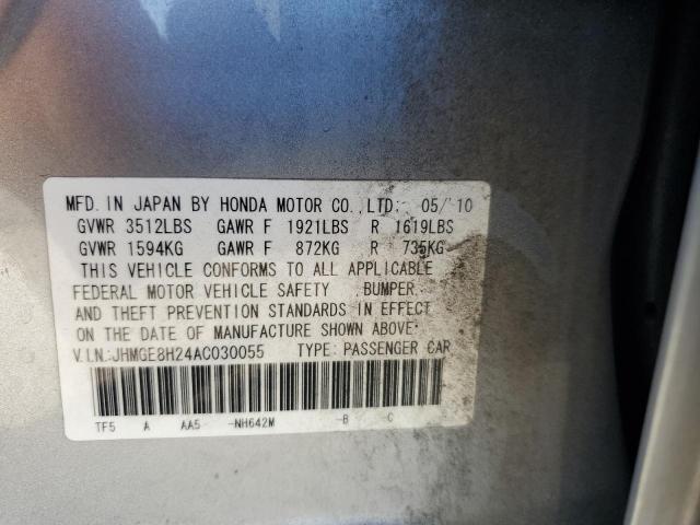 JHMGE8H24AC030055 - 2010 HONDA FIT ვერცხლისფერი ფოტო 12