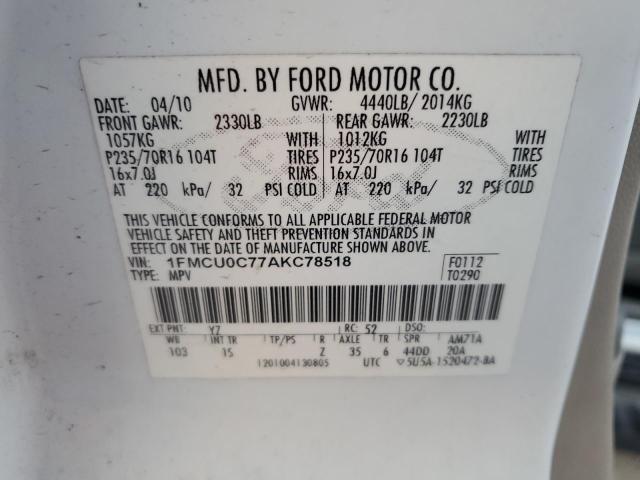 1FMCU0C77AKC78518 - 2010 FORD ESCAPE XLS WHITE photo 12