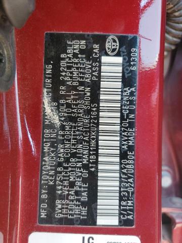 4T1B11HKXKU721645 - 2019 TOYOTA CAMRY L RED photo 12
