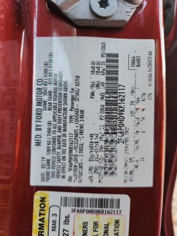 3FA6P0HD9KR162117 - 2019 FORD FUSION SE წითელი ფოტო 12