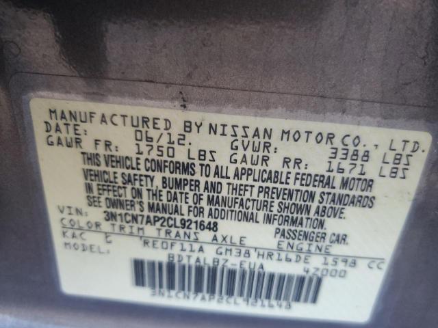 3N1CN7AP2CL921648 - 2012 NISSAN VERSA S 灰色 照片 12