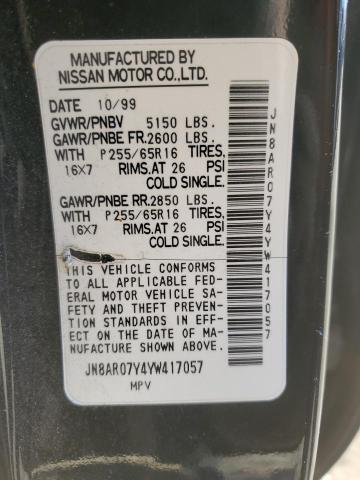 JN8AR07Y4YW417057 - 2000 NISSAN PATHFINDER LE BLACK photo 12