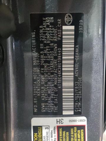 4T1BE46K38U198440 - 2008 TOYOTA CAMRY CE CHARCOAL photo 12