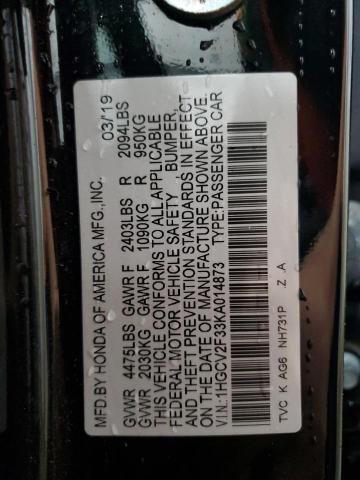 1HGCV2F33KA014873 - 2019 HONDA ACCORD SPORT Սև լուսանկար 12