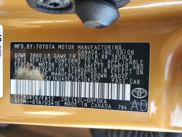 2T1KU40E79C104357 - 2009 TOYOTA COROLLA MA ORANGE photo 12