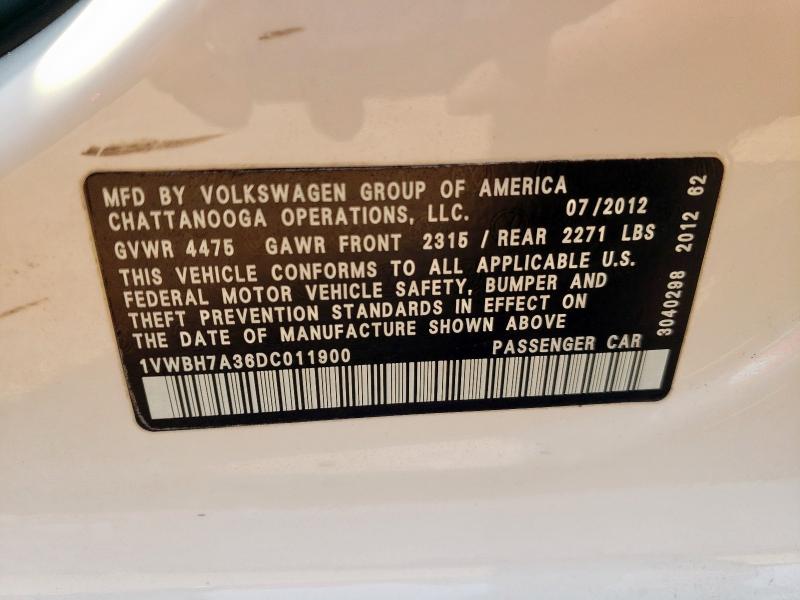 1VWBH7A36DC011900 - 2013 VOLKSWAGEN PASSAT SE WHITE photo 12