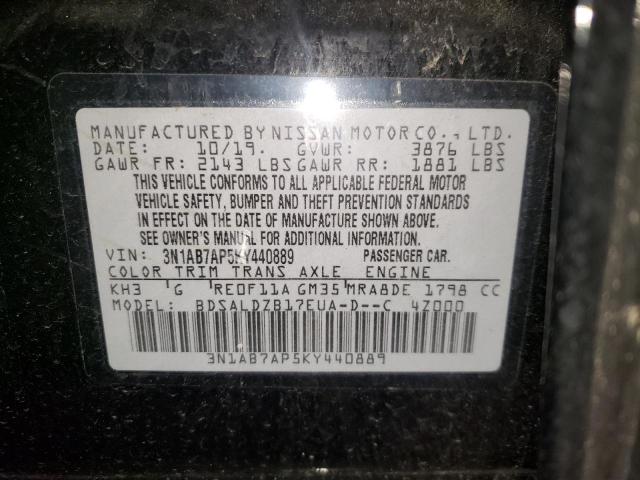 3N1AB7AP5KY440889 - 2019 NISSAN SENTRA S BLACK photo 12