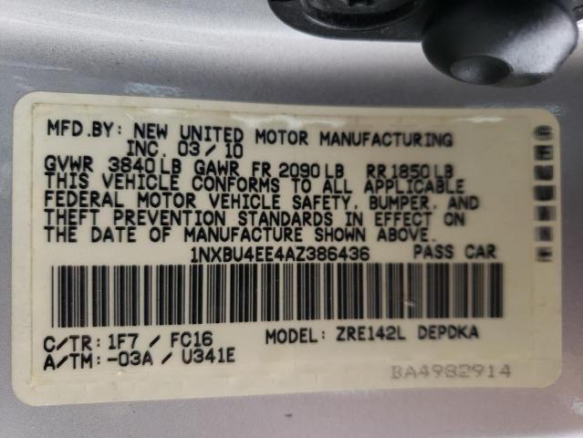 1NXBU4EE4AZ386436 - 2010 TOYOTA COROLLA BASE ვერცხლისფერი ფოტო 12