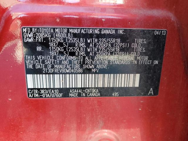 2T3DFREV9DW040586 - 2013 TOYOTA RAV4 LIMITED RED photo 13