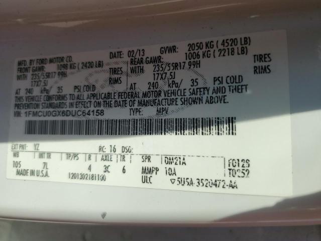 1FMCU0GX6DUC64158 - 2013 FORD ESCAPE SE თეთრი ფოტო 13