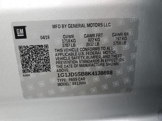 1G1JD5SB8K4138698 - 2019 CHEVROLET SONIC LT SILVER photo 12