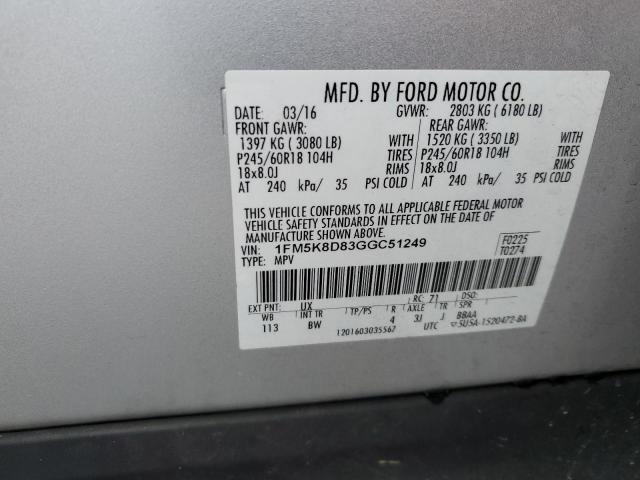 1FM5K8D83GGC51249 - 2016 FORD EXPLORER XLT GRAY photo 13