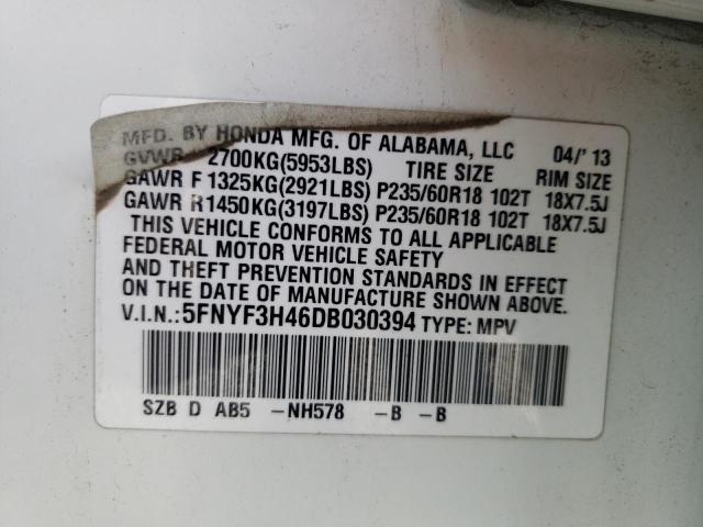 5FNYF3H46DB030394 - 2013 HONDA PILOT EX Սպիտակ լուսանկար 14