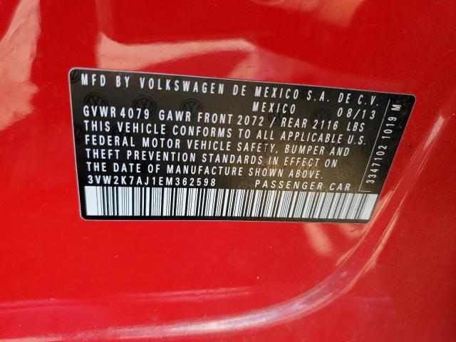 3VW2K7AJ1EM362598 - 2014 VOLKSWAGEN JETTA BASE 红色 照片 12