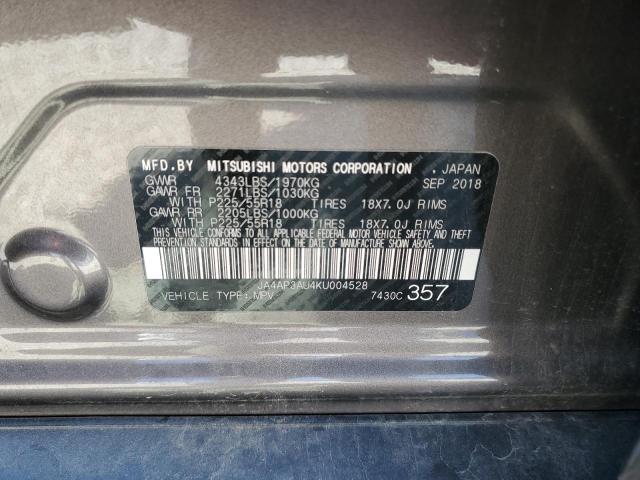 JA4AP3AU4KU004528 - 2019 MITSUBISHI OUTLANDER SPORT ES გრაფიტი ფოტო 13