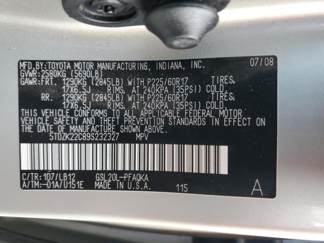 5TDZK22C89S232327 - 2009 TOYOTA SIENNA XLE Gümüş foto 13