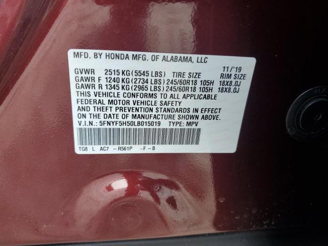 5FNYF5H50LB015019 - 2020 HONDA PILOT EXL BURGUNDY photo 13