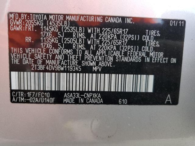 2T3BF4DV9BW119345 - 2011 TOYOTA RAV4 SILVER photo 13