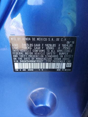 3HGGK5H48KM745027 - 2019 HONDA FIT LX 蓝色 照片 12