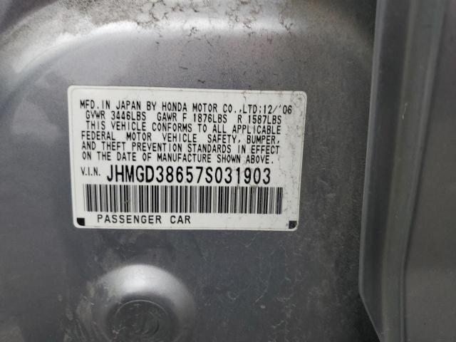 JHMGD38657S031903 - 2007 HONDA FIT S GRAY photo 12