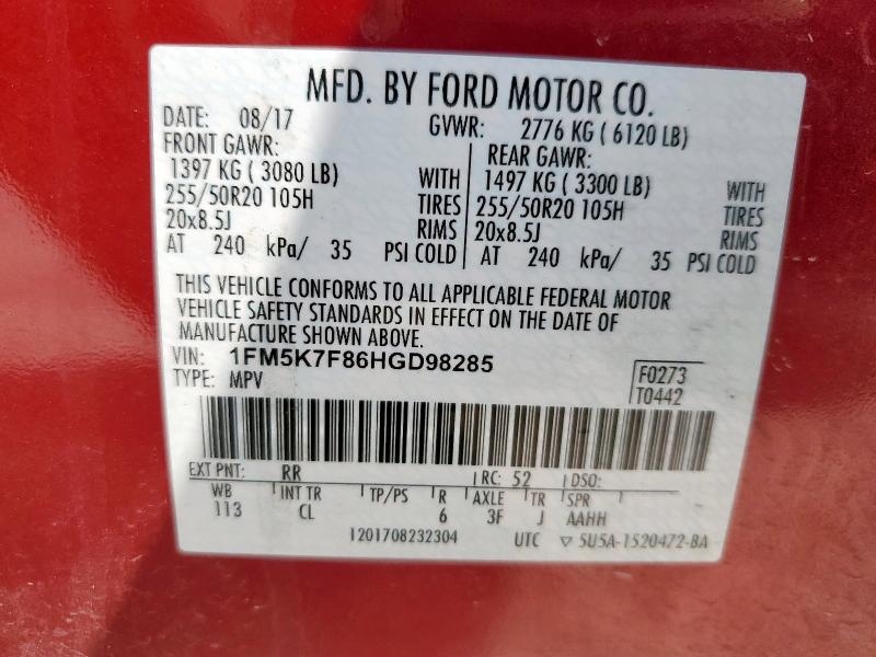 1FM5K7F86HGD98285 - 2017 FORD EXPLORER LIMITED Qırmızı foto 13