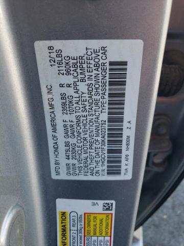 1HGCV1F30KA023752 - 2019 HONDA ACCORD SPORT Plata foto 13