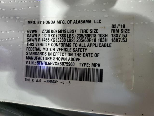 5FNRL6H7XKB075960 - 2019 HONDA ODYSSEY EXL Biały zdjęcie 13