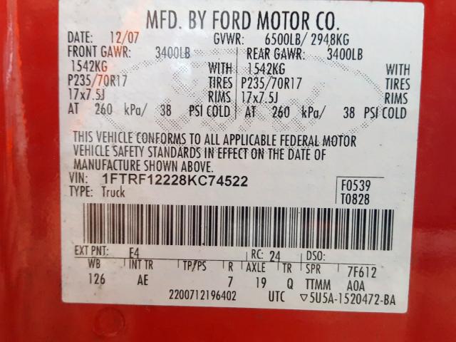1FTRF12228KC74522 - 2008 FORD F150 RED photo 10