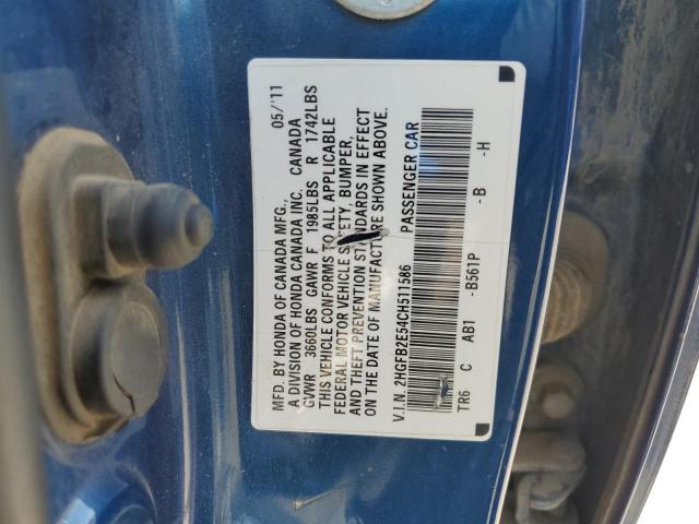 2HGFB2E54CH511586 - 2012 HONDA CIVIC LX ლურჯი ფოტო 12