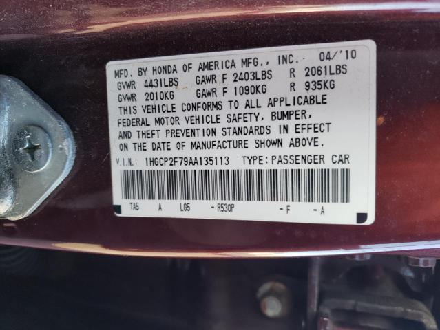 1HGCP2F79AA135113 - 2010 HONDA ACCORD EX BURGUNDY photo 12