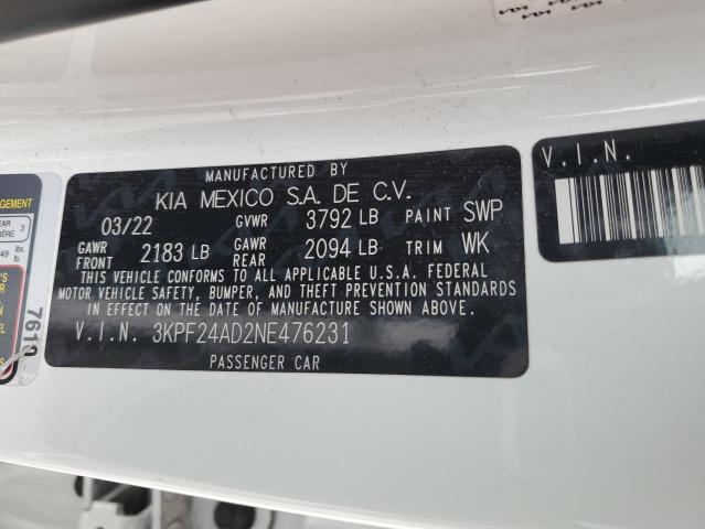 3KPF24AD2NE476231 - 2022 KIA FORTE FE WHITE photo 13