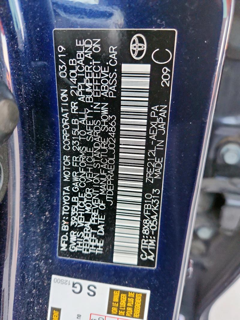 JTDEPRAE0LJ024863 - 2020 TOYOTA COROLLA LE Blau Foto 12