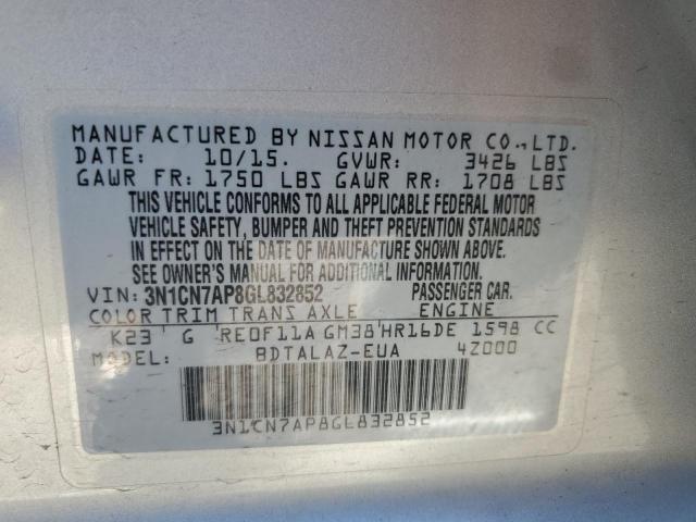 3N1CN7AP8GL832852 - 2016 NISSAN VERSA S SILVER photo 12