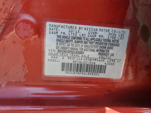 3N1CN7AP5GL828001 - 2016 NISSAN VERSA S წითელი ფოტო 12