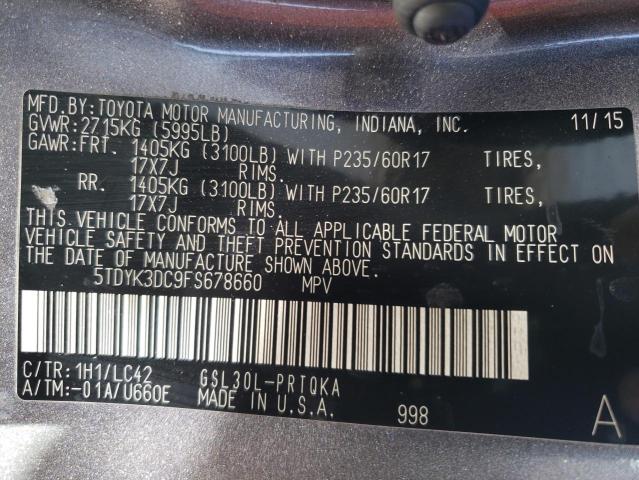 5TDYK3DC9FS678660 - 2015 TOYOTA SIENNA XLE GRAY photo 14