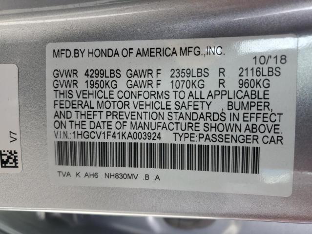 1HGCV1F41KA003924 - 2019 HONDA ACCORD EX SILVER photo 12